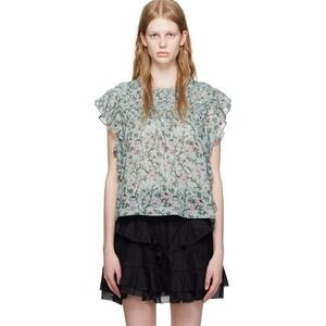 Isabel Marant Etoile Layona Top Green Floral Smocked Flutter Sleeve Peasant Sz 6